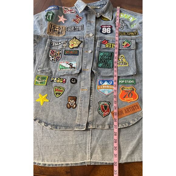 Embroidered Patch Button Up Long Sleeve Denim Jacket Shacket Hip Hop Streetwear - Picture 8 of 11